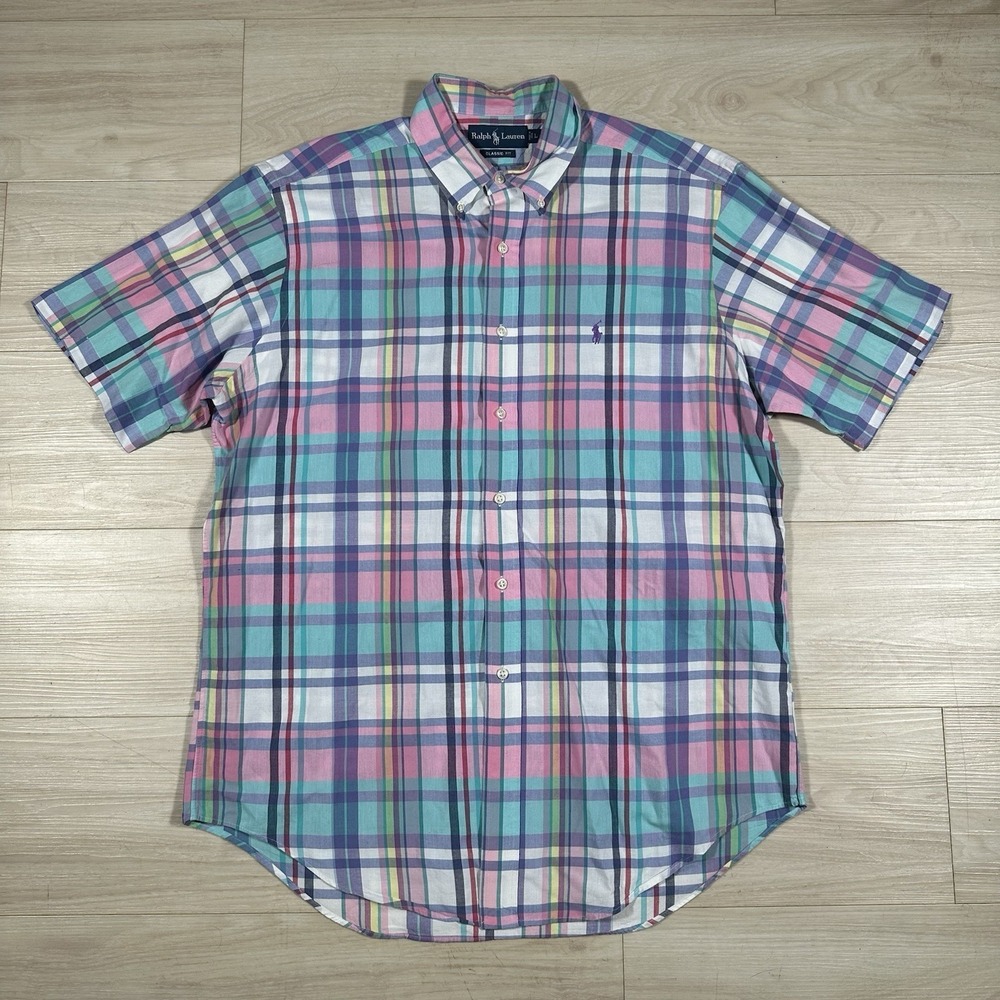 Polo Ralph Lauren Button Down Shirt Mens Large Pink Green Plaid Spring Preppy SS